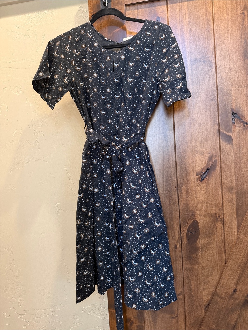 Mata Traders Black Celestial Print Tie-Waist Midi Dress